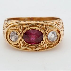 18kt Antique Ruby & Old Mine Diamond Art Noveau